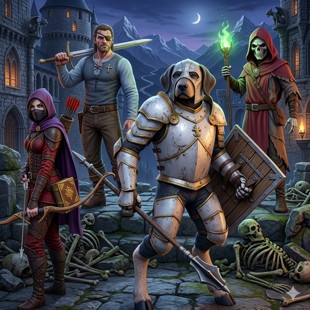 Two Little Wounds concept showing the four monster hunters in a dark castle environment