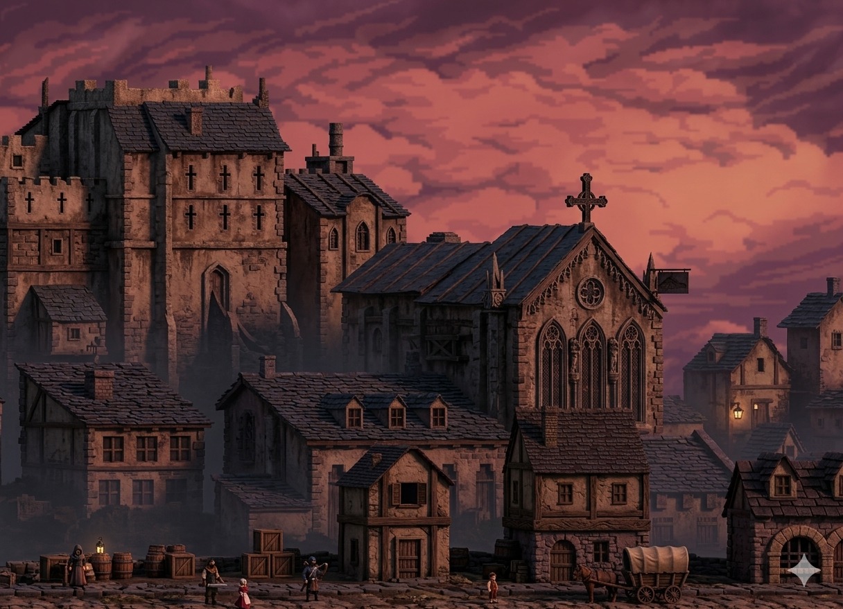 Two Little Wounds environment concept art depicting a fog-covered Transylvania village at night