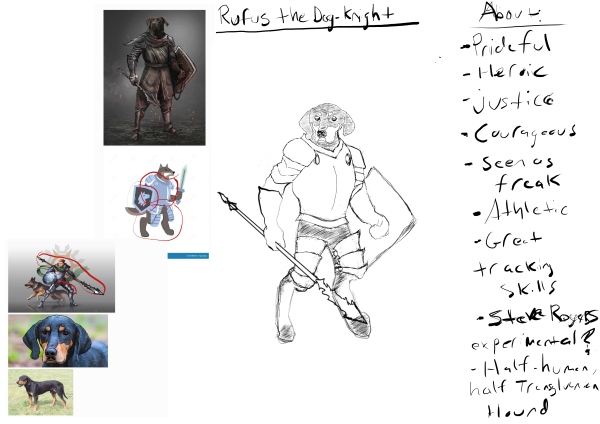 Concept art for the Wardog-Human hybrid character showing beast and human duality