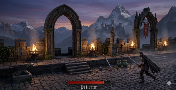 Two Little Wounds environment concept art depicting a fog-covered Transylvania village at night